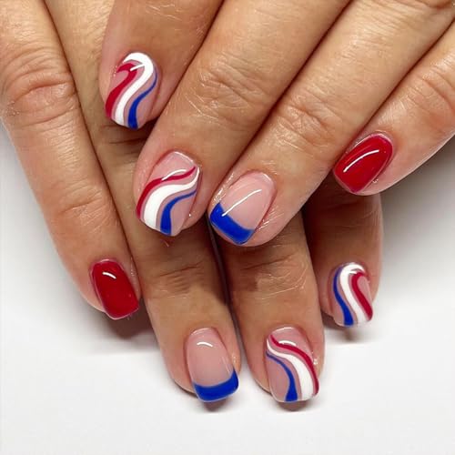 4th of July Press on Nails Medium Square Fake Nails Press ons Glossy Blue French Coffin Nails Red Blue White Swirl Design Nails Independence Day Full Cover Glue on Nails for Women 24 Pcs