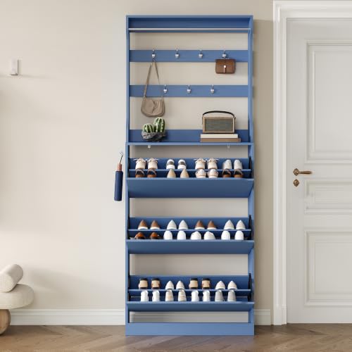 Image of Shoe Cabinet for Entryway with 3 Flip Drawers, Blue Tall Shoe Storage Cabinet with Coat Rack, Wood Narrow Slim Hidden Freestanding Shoe Rack Organizer, 2 in 1 Hall Tree for Living Room, Hallway