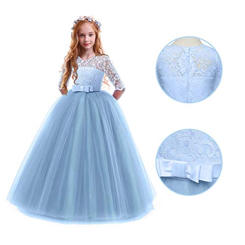 Image of Girls Flower Vintage Floral Lace 3 /4 Sleeves Floor Length Dress Wedding Party Evening Formal Pegeant Dance Gown