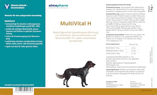 almapharm MultiVital H | 1 kg | Ergänzungsfuttermittel für Hunde | Bedarfsgerechte hypoallergene Mischung von Vitaminen, Spurenelementen und Mineralstoffen