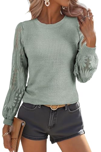 Image of BLENCOT Womens Casual Crochet Top Mesh Lace Long Sleeve Shirts Waffle Knit Blouse Crewneck Shirt Fall Womens Tops Pullover