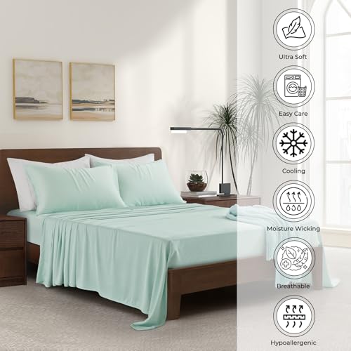 Image of Split King Size Sheet Set | 2 Fitted Sheets for Sleep Number & Adjustable Beds | Organically Grown | Ultra Soft & Cooling |100% Viscose | 17 inch Deep Pocket [Coastal Green]