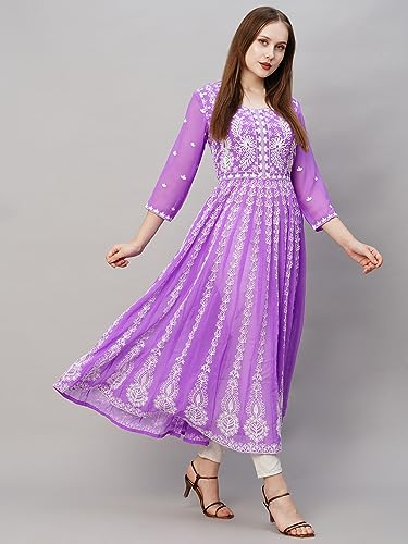 Image of ANNI Designer Women's Georgette Regular Fit Chikankari Embroidered Anarkali Kurti