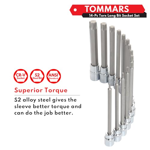 Image of TOMMARS 14-PC Long Torx Bit Socket Set | T10, T15, T20, T25, T27, T30, T35, T40, T45, T47, T50, T55, T60, T70, 3 /8 inch, 1 /2 inch Drive, S2 Alloy Steel