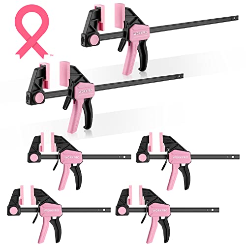 Image of WORKPRO Bar Clamps for Woodworking, 6-Pack One-Handed Clamp /Spreader, 4PC 6 inch and 2PC 12 inch Wood Clamp Set, Light-Duty Quick-Change F Clamps with 150 lbs Load Limit, Pink Ribbon
