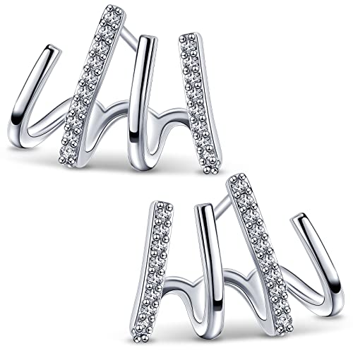 Boucles d'Oreilles de 4 Griffes Clous d'Oreilles Géométriques Boucles d'Oreilles Manchette Aiguilles Boucles d'Oreilles en Cristal Illusion de Perçage d'Oreille Multiples Piercings (Argent) Cover