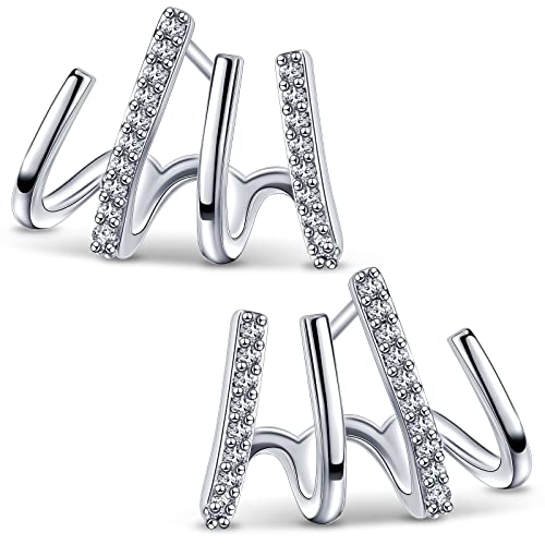 Boucles d'Oreilles de 4 Griffes Clous d'Oreilles Géométriques Boucles d'Oreilles Manchette Aiguilles Boucles d'Oreilles en Cristal Illusion de Perçage d'Oreille Multiples Piercings (Argent)