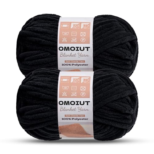 Image of OMoiout Chunky Chenille Yarn for Crocheting, 2 Pack Soft Baby Blanket Yarn, #7 Super Bulky, Chunky Knit Blanket Crochet Yarn, 14 oz /218.7 yds Fluffy Velvet Amigurumi Yarn(2 Black)
