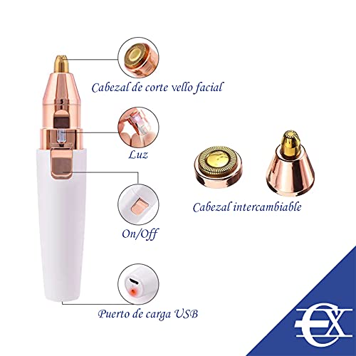 EUROXANTY Elektrischer Gesichtsentferner, Augenbrauen-Epilierer, 2-in-1-Kopf, mit Licht, perfekt für Augenbrauen, Lippen, Nase und Ohren, USB-Ladekabel, Weiß… (Weiß) - Image 4