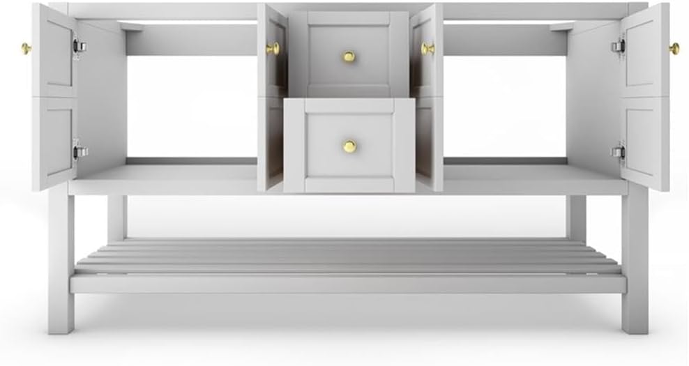 BOWERY HILL Modern 60" Freestanding Vanity Base, White Birch and Plywood Construction, Gold Handles, Soft-Close Doors, Open Lower Shelf, Bathroom Storage Solution, Sink Top Not Included