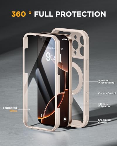 Image of Miracase for iPhone 16 Pro Max Case with 360 Magnetic Ring Stand [Compatible with Magsafe] Full-Body Drop Proof Bumper Phone Case with Built-in 9H Tempered Glass Screen Protector,Desert