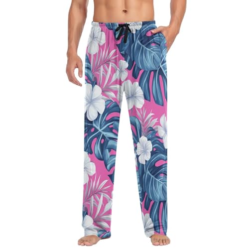 Mens Pajama Pants Tropical Palm Leaves Flower Pink Soft Lounge Sleep Pj Bottoms with Drawstring Pockets