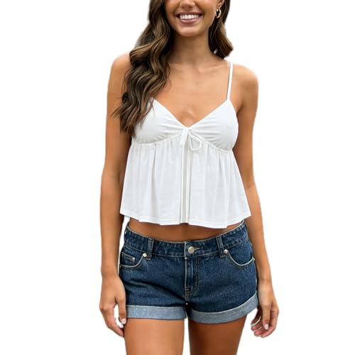 Women's Y2K Babydoll Cami Top Sleeveless V Neck Tie Front Crop Top (White, S) by XBTCLXEBCO - Used condition - US$13.67