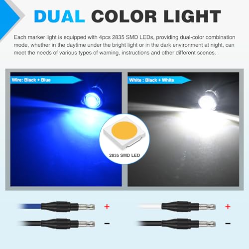 Image of Nilight 3 /4 Inch Dual Color Marker Light Blue and White Clearance Lights | 10PCS Auxiliary Side Lamp w /3 Pin Plug IP68 Waterproof Fits Trailers Trucks Campers RVs ATVs UTVs