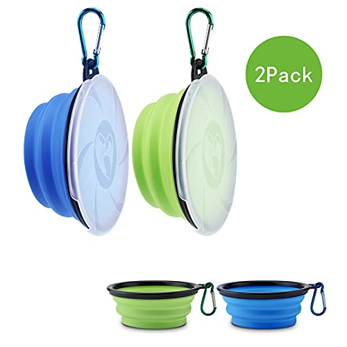 Aoliandatong 2 Stück Hundenapf Faltbar, Haustier Reisenapf mit Deckel und Haken, Tragbare Silikon Fressnapf, Hundeschüssel für Reise Spaziergänge Zwinger Camping(450ML, Blau und Grün)