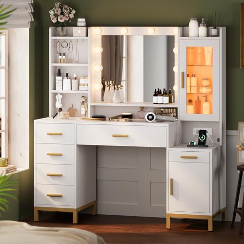 UPOSOJA 49.2'' White Large Vanity Desk with Lighted Mirror,Charging Station,6 Drawers and RGB Cabinets, 3 Lights Mode and Brightness Adjustable,Jewelry Organizer, Dividers, Necklace Hooks