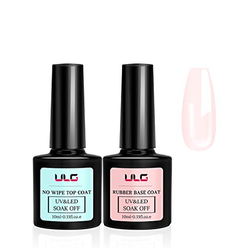 Gel Nail Polish Base and Top Coat - ULG Camouflage Pink Cover Rubber Base Coat No Wipe Top Coat Set Soak Off UV/LED Gel Polish for Manicure Long Lasting Shine Finish 10ml/Bottle
