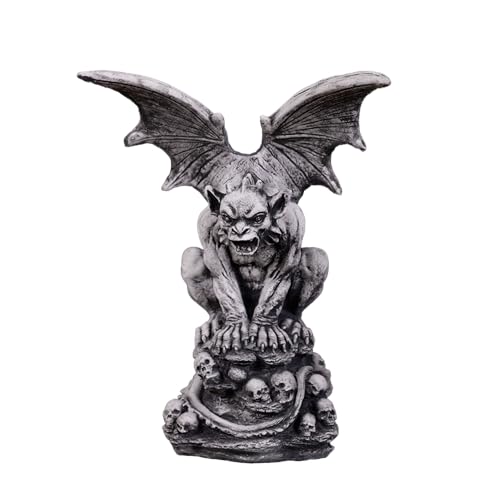 gartendekoparadies.de Gargoyle Gartenfigur mit Flügeln auf Totenschädeln, 40 cm Höhe, 8 kg, Grau, Steinguss, frostsicher für Außenbereich