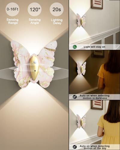 Image of Eneru Motion Sensor Wall Sconce Set of 2, Rechargeable Wall Lights, Indoor | 5000mAh Battery Operated Wall Sconces, Magnetic Butterfly Motion Night Light for Hallway Stair Closet Pantry, Pink & Gold