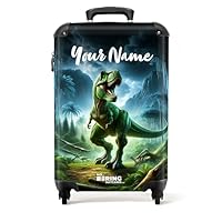 NoBoringSuitcases.com® Children's Luggage Kids Suitcase for Boys - Personalised Lightweight Cabin Suitcase on Wheels - Green Dinosaur in Jungle - 55x40x20cm - Hard Shell Trolley - 20\" - 10kg