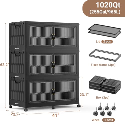 Image of BROVIEW 1020Qt Stackable Storage Bins with Lid for Home Dorm, 3Pack Black