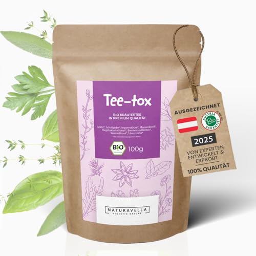 NATURAVELLA Tee-tox Bio Bitterkräutertee | 100g | Mate, Mariendistel, Schafgarbe, Ingwer & Löwenzahn | Unterstützt Leber, Verdauung & Stoffwechsel | Kräutertee lose – vegan, ohne Zusätze