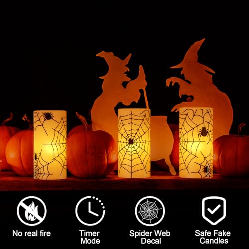 Image of Halloween Flameless Candles with 6H Timer, Real Wax LED Pillar Candles Flickering, Halloween Decor Indoor Cobweb & Spider Candle Set of 3, D3 inchx H6 inch Halloween Lights