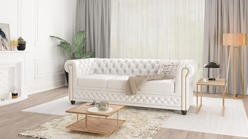 S-Style Möbel George Sofa 3-Sitzer Chesterfield-Sofa für Wohnzimmer Lounge Couch Aus Veganem Leder Möbel Freistehende Polster Sofas & Couches Couchgarnitur Weiß 203 x 86 x 72 cm – Bild 3