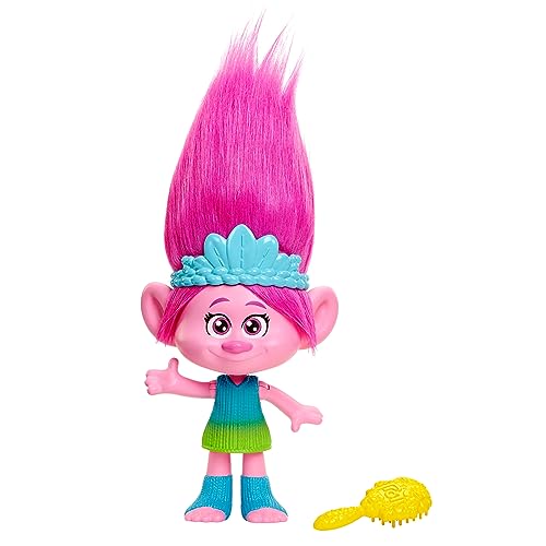 Mattel Trolls 3, Poupée Rainbow Hairtunes Reine Poppy Dreamworks Aux Cheveux Roses, Effets Sonores Et Lumineux, Brosse Et Couronne Incluses, Jouet Enfant, A...