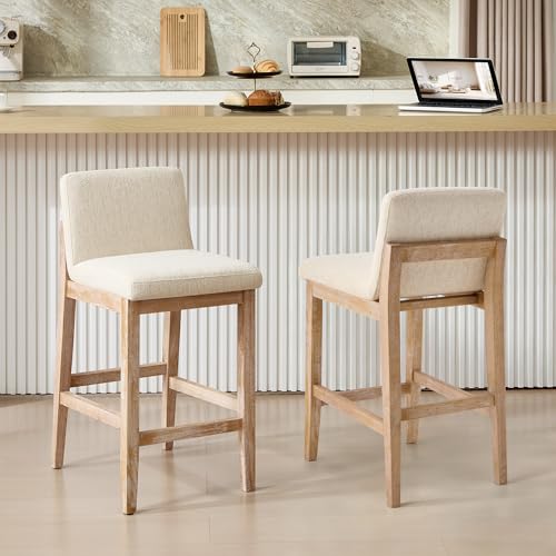 Image of Zesthouse Wood Bar Stools Counter Height Set of 2, 26 inch Modern Bar Stools with Back & Solid Wooden Leg, Mid Century Farmhouse Barstools, Beige Linen High Chairs for Kitchen Island, Antique Brown Finish