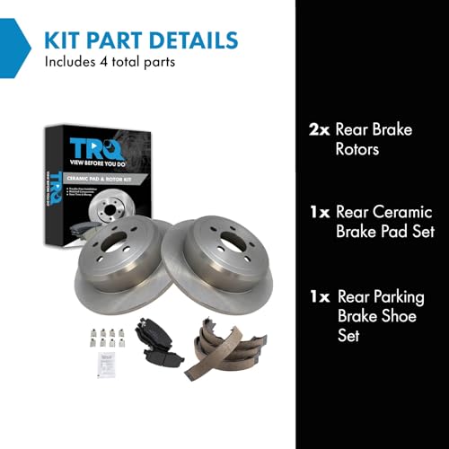 Image of TRQ Rear Brake Pad and Rotor Set Ceramic Parking Brake Shoe Compatible with 2007-2011 Dodge Nitro 2008-2012 Jeep Liberty