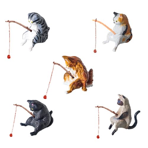 Image of Qpets Fish Tank Accessories, Cartoon Cat Figurines Fishing Kitty PVC Mini Sculptures Desk Decor & Aquarium Ornaments (5-Pack)
