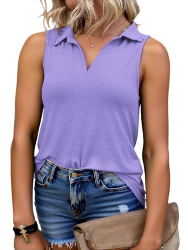 Plus-Size-Tank-Tops for Women Summer Collared V Neck Tunics Casual Flowy Sleeveless Polo Shirts Dressy Work Blouses2