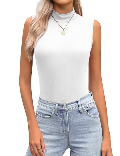 DUOEASE Damen Sommer Tank Top Ärmellos Rollkragen Slim Fit Einfarbiges Basic Stretch Oberteil Weiß S
