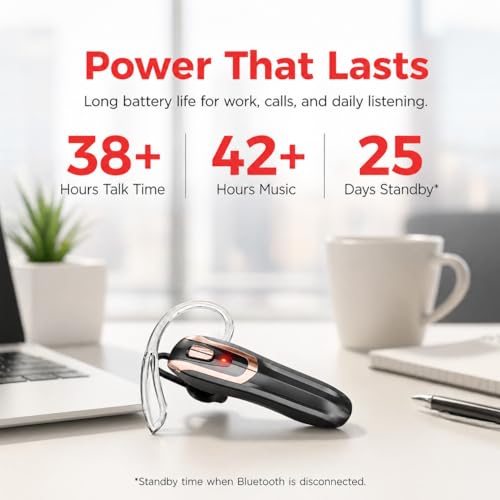 Image of Bluetooth Earpiece Headset V6.0 with Noise Cancelling & 38 Hours Talk Time - Trucker Handsfree Earpiece, Dual Device Pairing, Single Ear Wireless Headphone for Cell Phone (Black with gold frame)