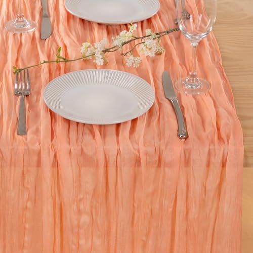 Image of MLMC Peach Pink Cheesecloth Table Runner 10ft Sheer Gauze Coral Cheese Cloth Table Runner Summer Dinning Decoration 35x120 Inches for Wedding Bridal Baby Shower Party Decor