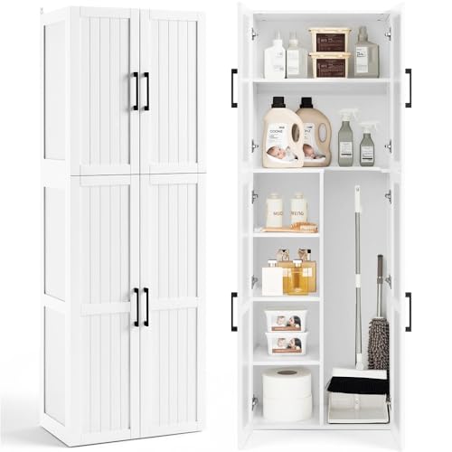 Yaheetech Meuble/Armoire de Rangement avec Compartiment Aspirateur, Colonne avec Étagères Réglables, 4 Portes, pour Salon, Cuisine, Salle de Bain, Blanc, 60x37x175.5 cm