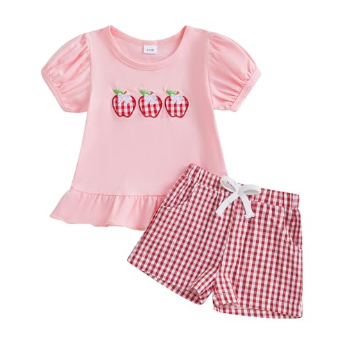 Vioyavo Toddler Kid Girl Summer Clothes Outfit Short Sleeve Round Neck Fruit Embroidery T-shirt Elastic Waist Plaid Shorts (Pink, 12-18 Months)