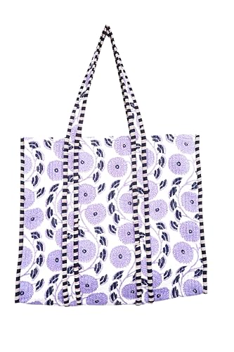 Image of Quilted Cotton Handprinted Reversible Large multicolor Floral Tote Bag,Hand Block Print Shopping Shoulder Carry Bag
