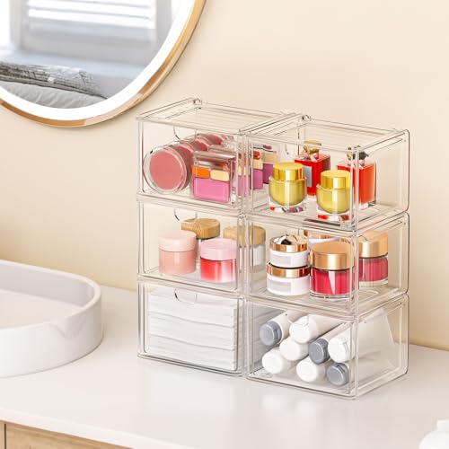 Image of caktraie 6 Pack Small Clear Stackable Acrylic Storage Boxes for Art Tool & Sketch, Stroage Drawers, Makeup Organizer, Plastic Storage Bins For Vanity, Kitchen Cabinets, Pantry, Home Organization