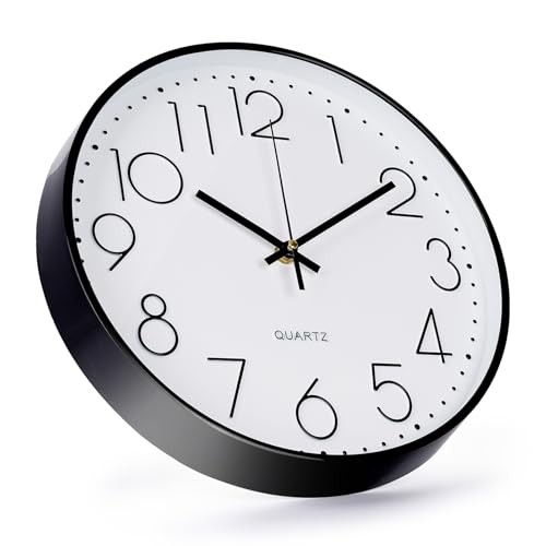 Image of Wall Clock 12 Inch Non-Ticking Silent Modern Simple Style Round Decor Clock Black Stereoscopic Dial Quartz Wall Clocks for Home /Office /School /Living Room /Bedroom /Kitchen