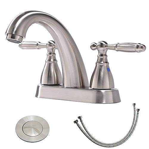 Friho Lead-Free Modern Commercial Two Handle Brushed Nickel Bathroom Faucet,Bathroom Vanity Sink Faucets with Drain Stopper and Water Hoses