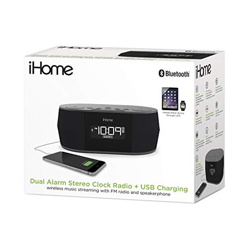 iHome Wireless Bluetooth Stereo, Dual FM Alarm Clock Radio, USB Charging, Alarm Clock For Bedrooms, Alarm Clock, Voice Echo Cancellation, Twin Speakers, Hi-Quality Sound, Battery Backup, Display, Blac, Model Number: iBT38G Black