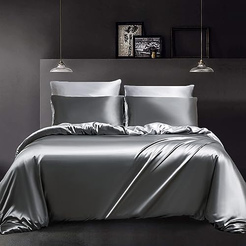 YASMENG Satin Bettwäsche 200x200 Dunkelgrau/Hellgrau Wendebettwäsche - Luxus Seide, Weich, Glatt, Glänzend, Seidig - 3 Teilig Mit Reißverschluss und 2 Kissenbezüge 80×80 cm