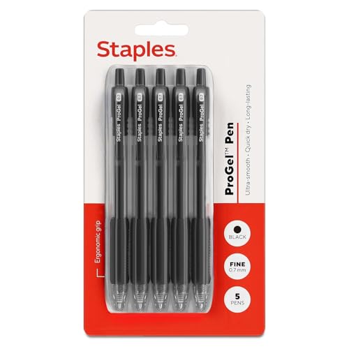 Image of STAPLES Retractable Gel Pens, Fine Point 0.7mm, Black Ink, 5 Pack - ProGel Quick‑Dry Pens for Smooth Writing at Work & School