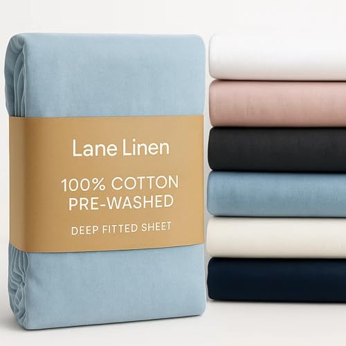 Lane Linen King Fitted Sheet – 100% Cotton Percale – Soft & Breathable – Deep Pocket 38cm – Pre-Washed for Comfort – Hotel Quality Bottom Sheet – French Blue, King Bed