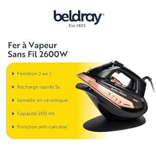 Beldray Fer à Vapeur Portatif 2 en 1 - Centrale Vapeur Sans Fil, Semelle en Céramique, Réservoir d’Eau 300 ml, Fonction Anti-Calcaire, Utilisation Filaire ou Sans Fil, 2600W, Rose Gold