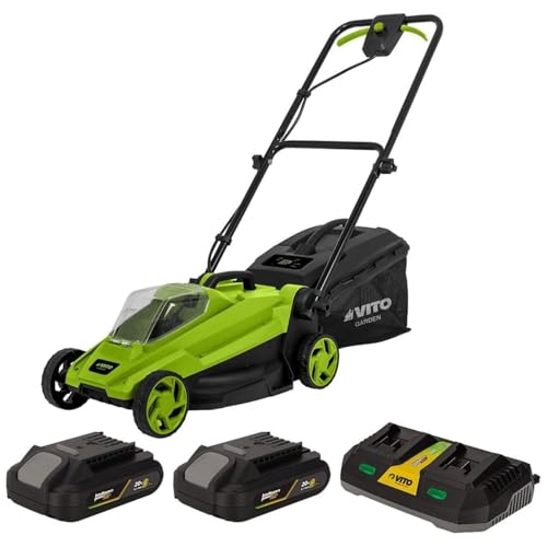Cortacésped inalámbrico 20V con 2 baterías de Litio 2Ah y Cargador Doble – Cortacesped Electrico con Ancho de Corte 32 cm, depósito 30 L, 3 Alturas Ajustables