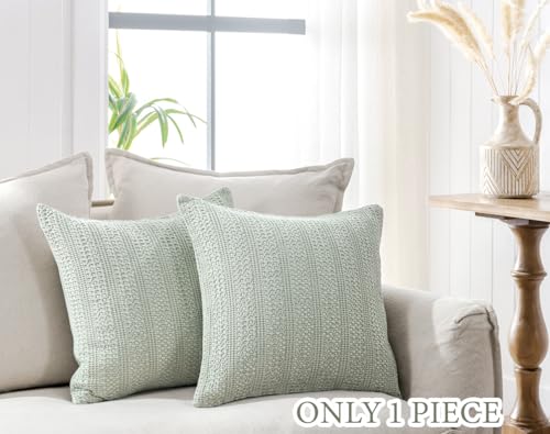 Image of 1pc Sage Green Pillow Cover 18x18 Boho Throw Pillow Covers Decorative Pillow Shams Stone Washed Cotton Pillowcase for Couch Sofa Chair Bed Car