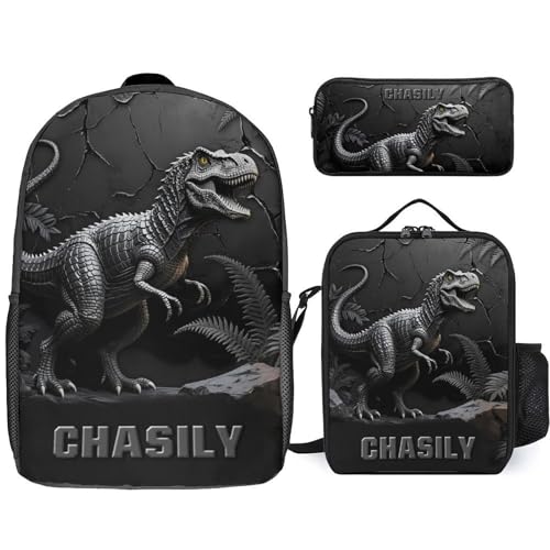 Personalized Dinosaur Backpack 3Pcs Set, Custom Name Dinosaur Bookbag, Casual Travel Backpack Shoulders Lightweight Daypack for Camping Hiking (Style 2)